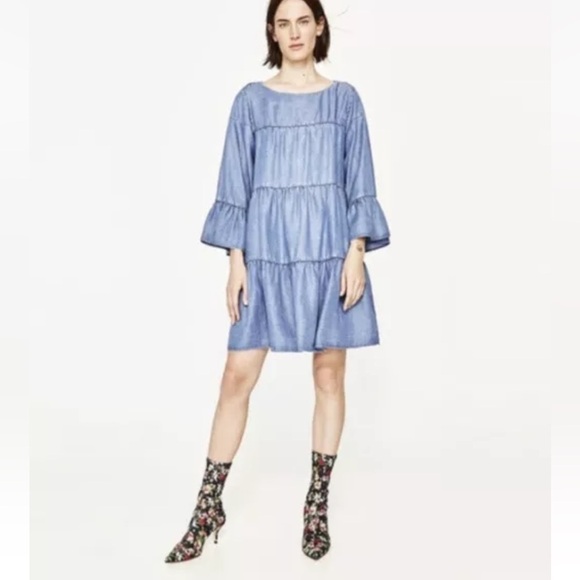 ZARA Women’s Soft Denim Ruffled Tiered Chambray Dress Mini Size Small - Picture 1 of 9